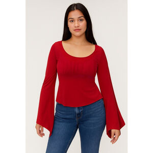 Y2K Red Bell Sleeve Top Size XL Fairycore Gothic Romantic Stretch Blouse USA